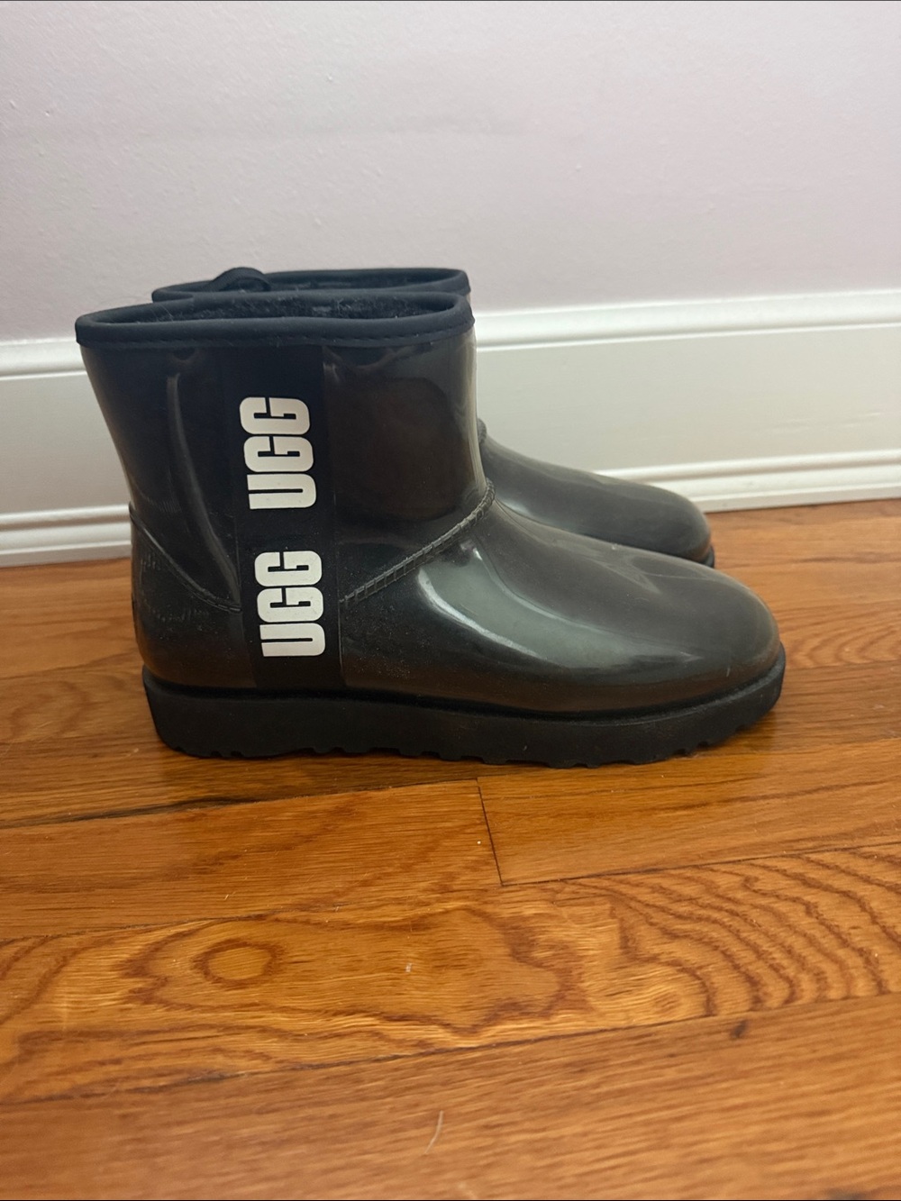 UGG Clear Black Short Rain Boots with Logo Stripe
